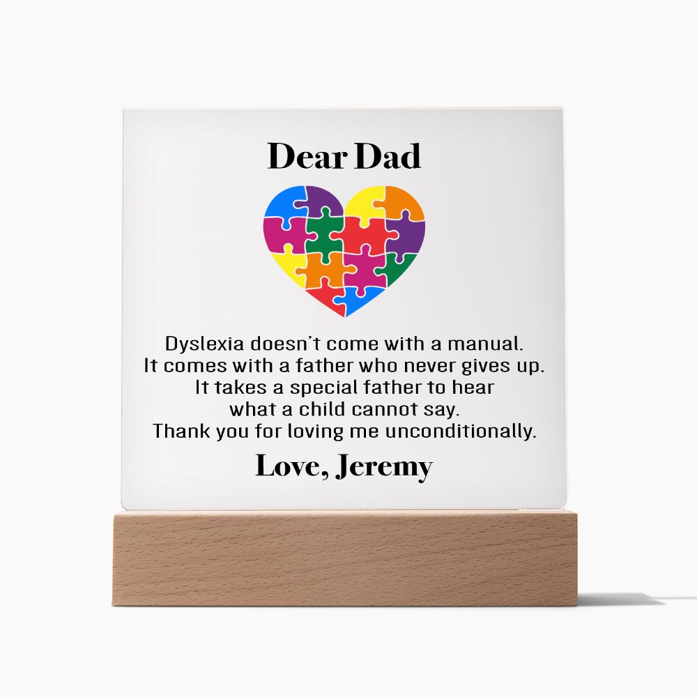 Personalized Dyslexia Special Dad Plaque | Father's Day Gift | Tiny Puzzle Piece Necklace | Autism Awareness Present