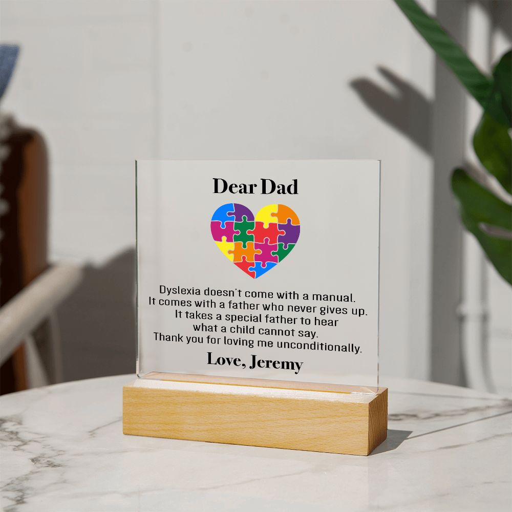 Personalized Dyslexia Special Dad Plaque | Father's Day Gift | Tiny Puzzle Piece Necklace | Autism Awareness Present