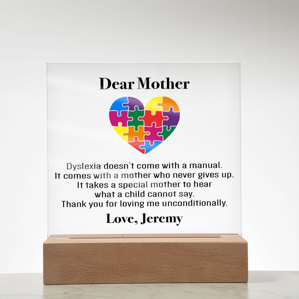 Personalized Dyslexia Special Mom Plaque | Mother's Day Gift | Tiny Puzzle Piece Necklace | Autism Awareness Present