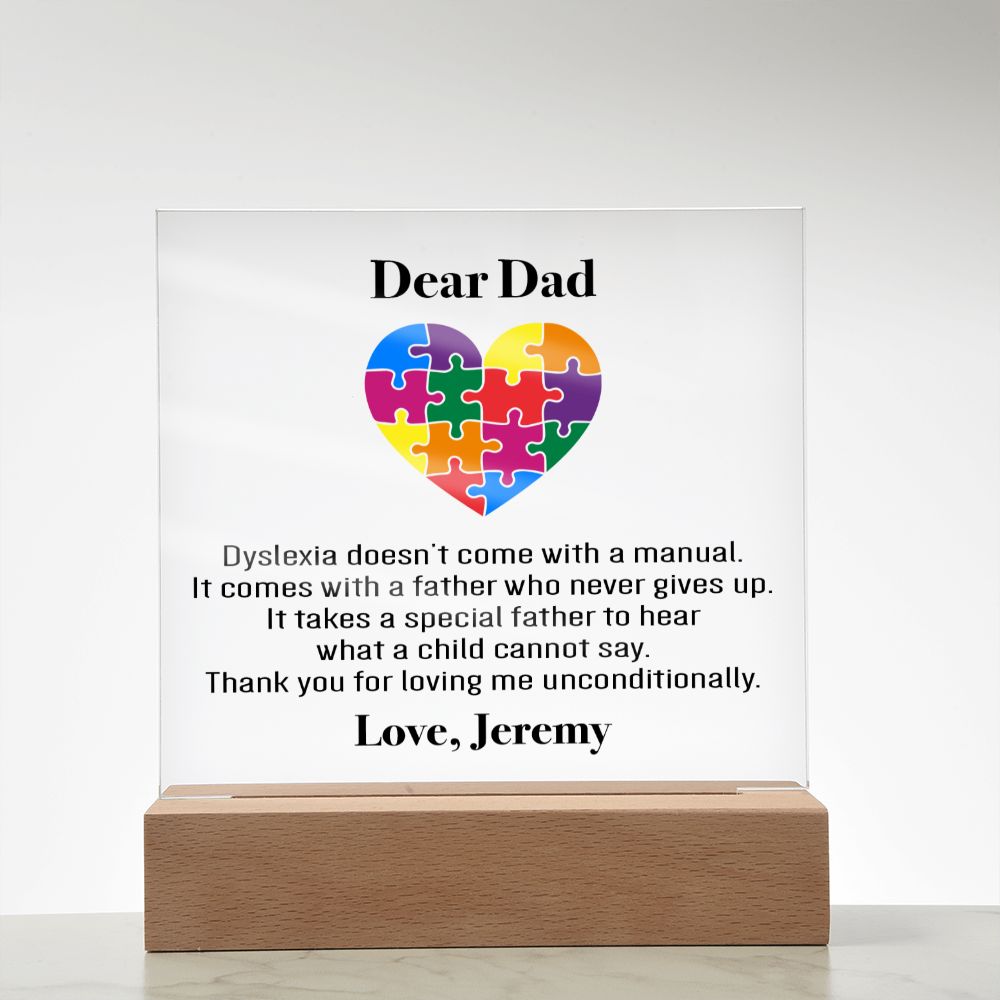 Personalized Dyslexia Special Dad Plaque | Father's Day Gift | Tiny Puzzle Piece Necklace | Autism Awareness Present