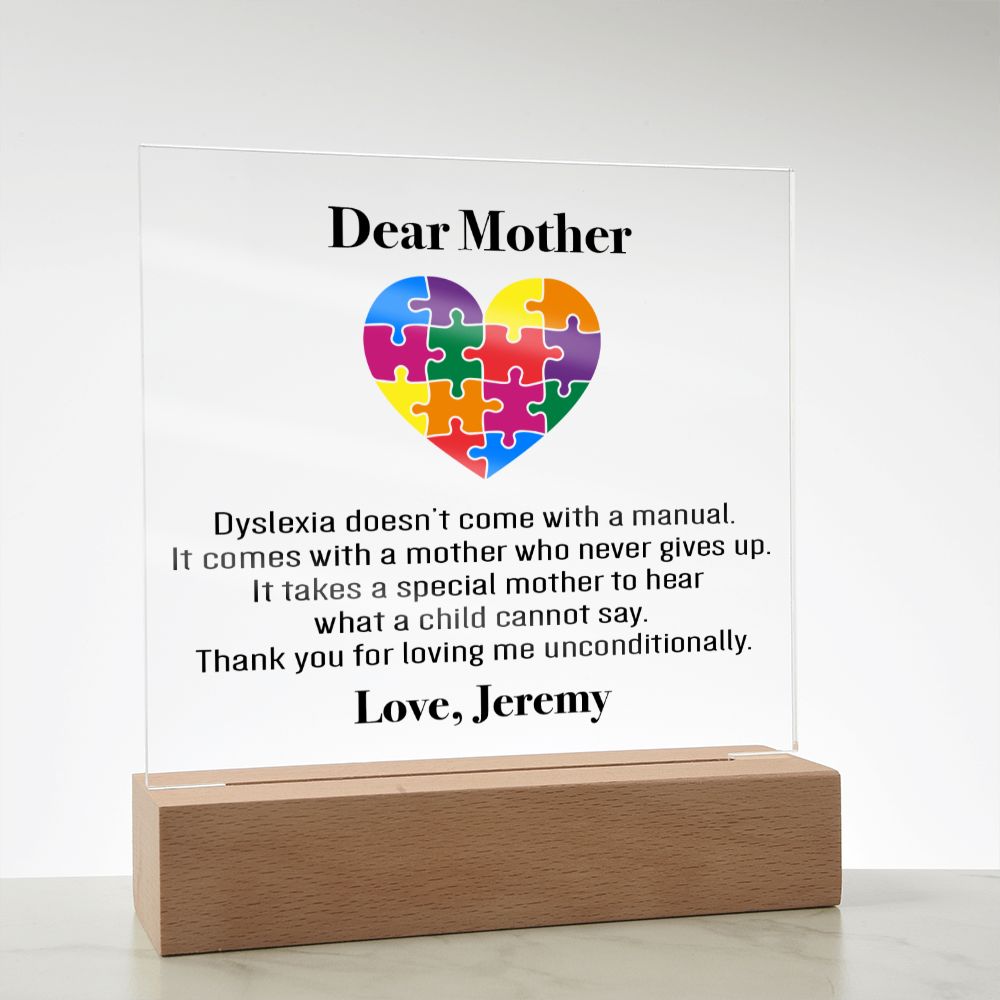 Personalized Dyslexia Special Mom Plaque | Mother's Day Gift | Tiny Puzzle Piece Necklace | Autism Awareness Present