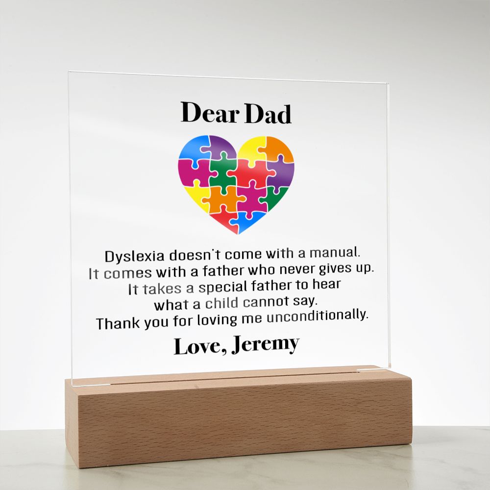 Personalized Dyslexia Special Dad Plaque | Father's Day Gift | Tiny Puzzle Piece Necklace | Autism Awareness Present