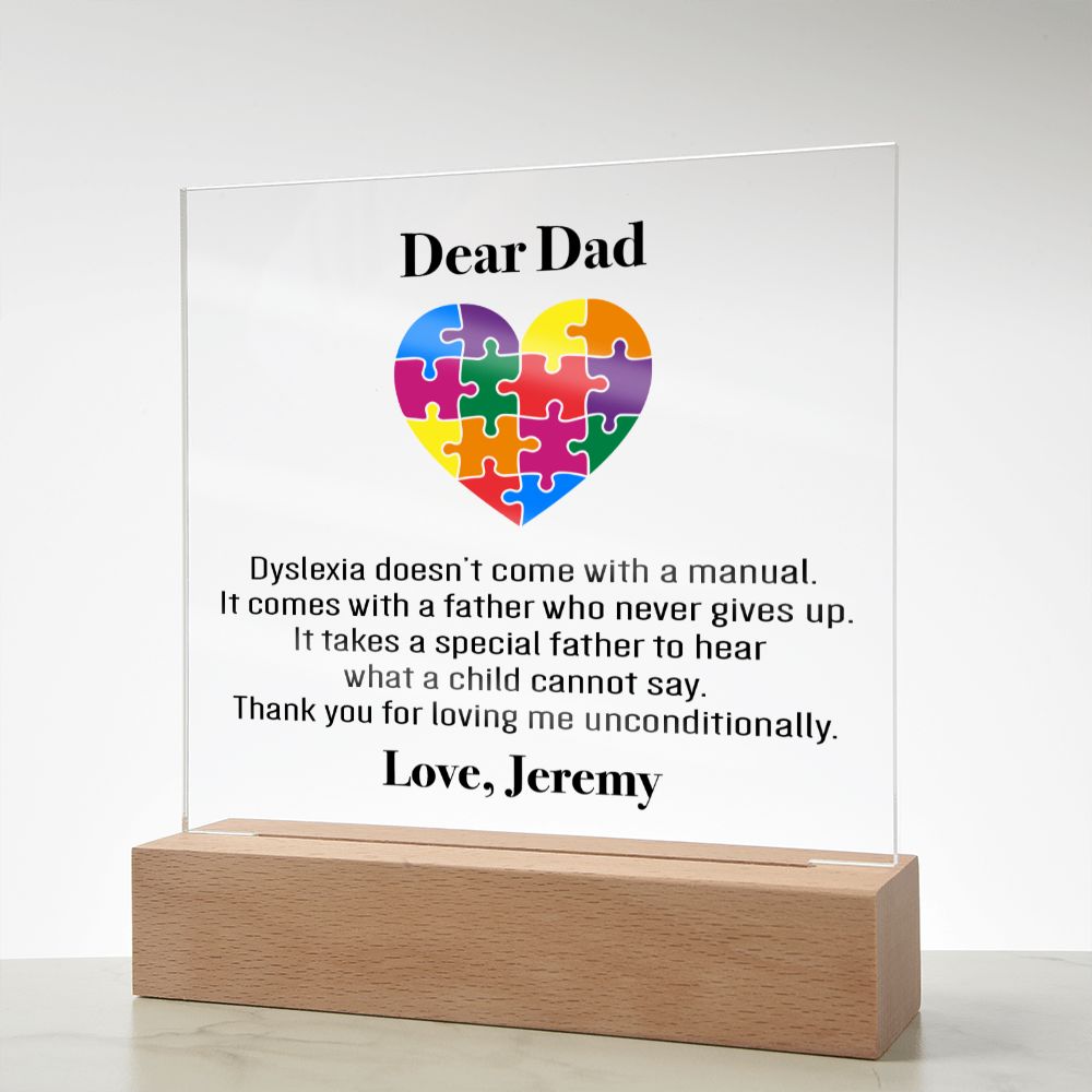 Personalized Dyslexia Special Dad Plaque | Father's Day Gift | Tiny Puzzle Piece Necklace | Autism Awareness Present