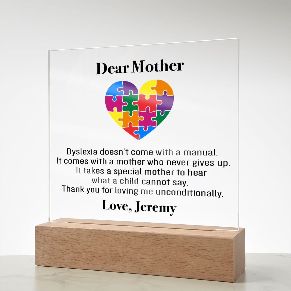 Personalized Dyslexia Special Mom Plaque | Mother's Day Gift | Tiny Puzzle Piece Necklace | Autism Awareness Present