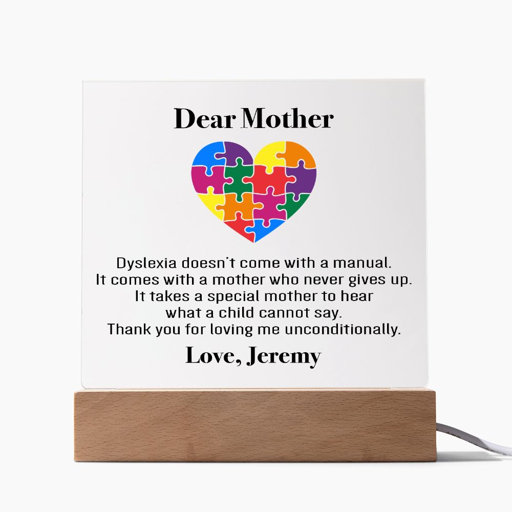 Personalized Dyslexia Special Mom Plaque | Mother's Day Gift | Tiny Puzzle Piece Necklace | Autism Awareness Present