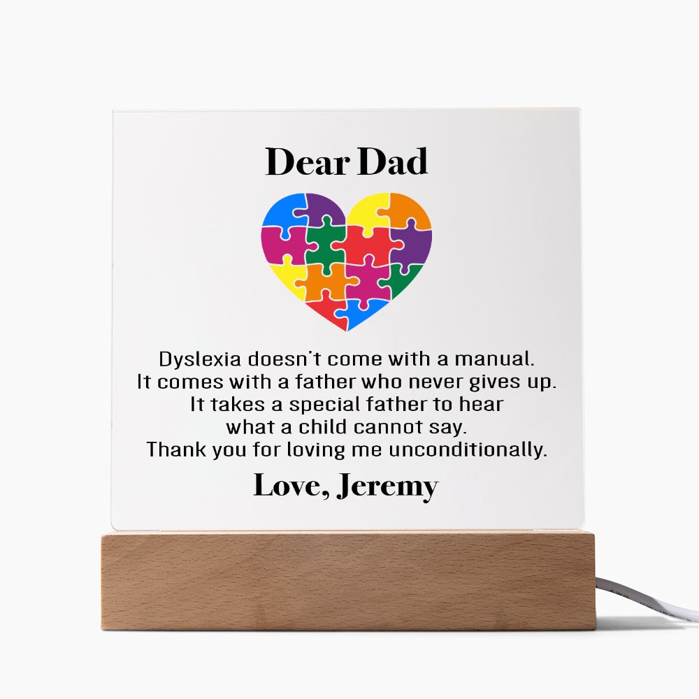 Personalized Dyslexia Special Dad Plaque | Father's Day Gift | Tiny Puzzle Piece Necklace | Autism Awareness Present