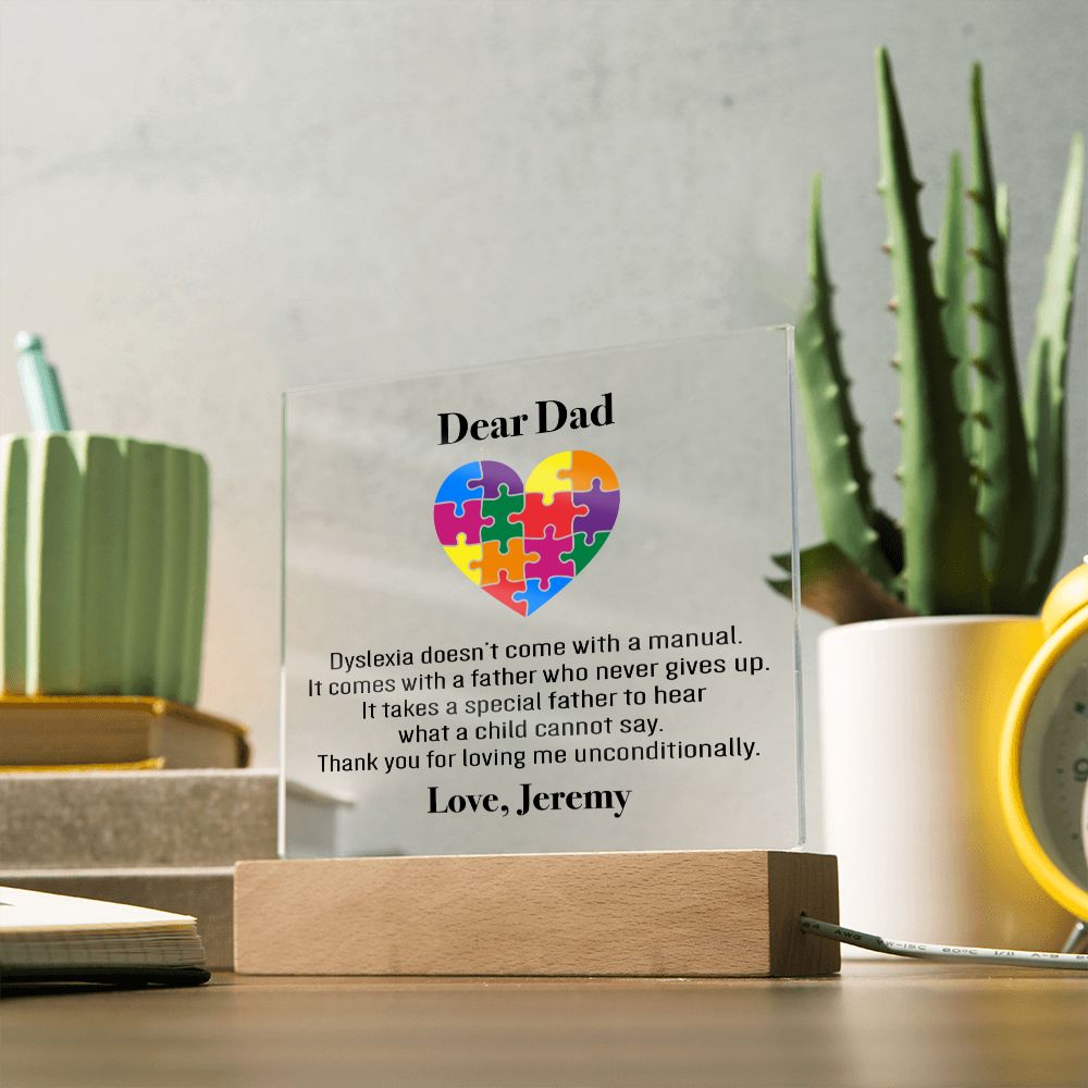 Personalized Dyslexia Special Dad Plaque | Father's Day Gift | Tiny Puzzle Piece Necklace | Autism Awareness Present