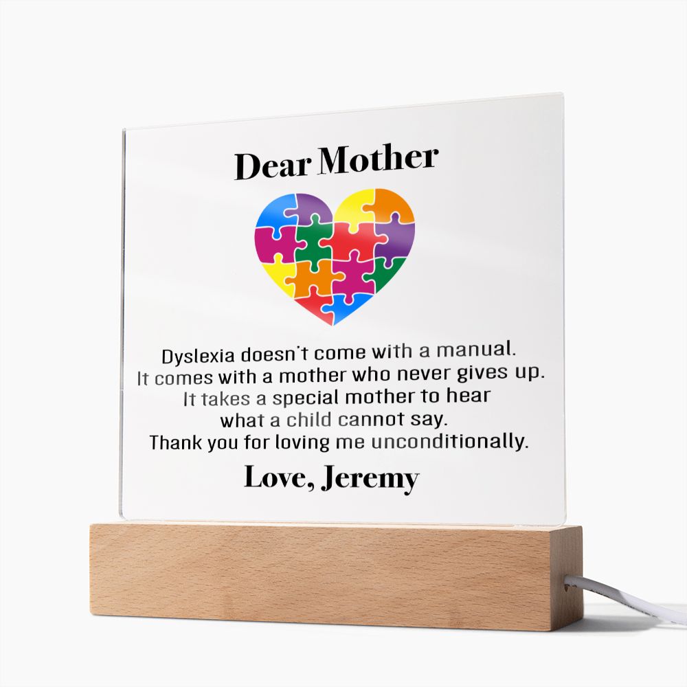 Personalized Dyslexia Special Mom Plaque | Mother's Day Gift | Tiny Puzzle Piece Necklace | Autism Awareness Present