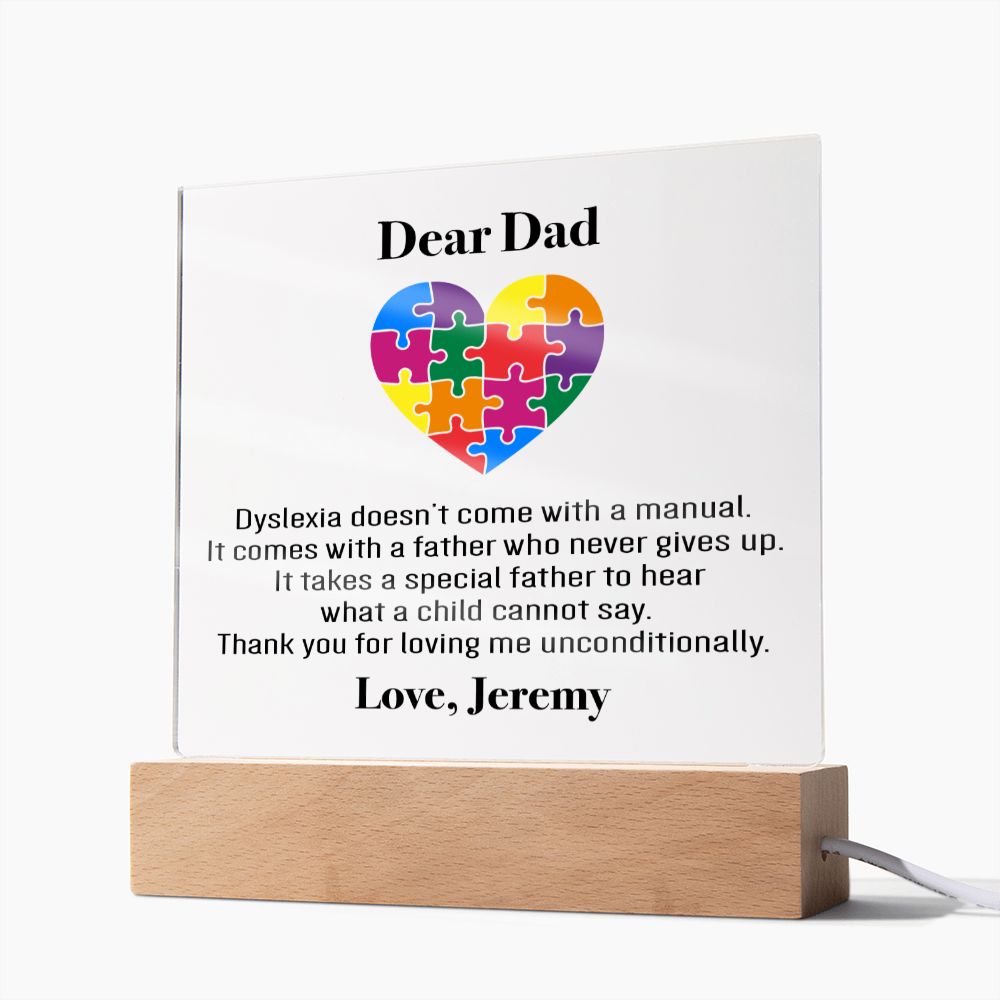 Personalized Dyslexia Special Dad Plaque | Father's Day Gift | Tiny Puzzle Piece Necklace | Autism Awareness Present