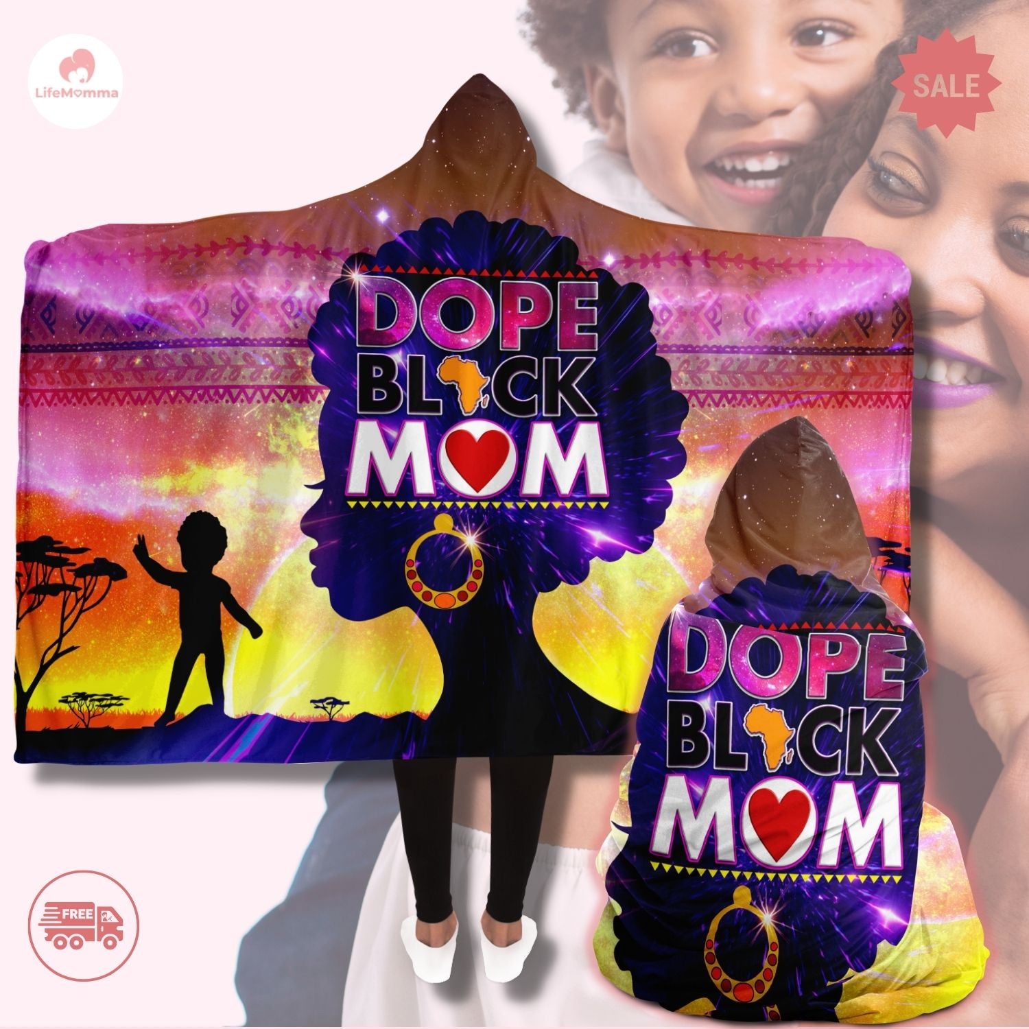 Dope Black Mom of Son Hooded Blanket